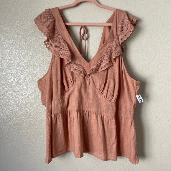 Old Navy Top Womens 4X Peach Ruffle‎ Crochet Peplum Smocked Babydoll Blouse NWT - Picture 4 of 11